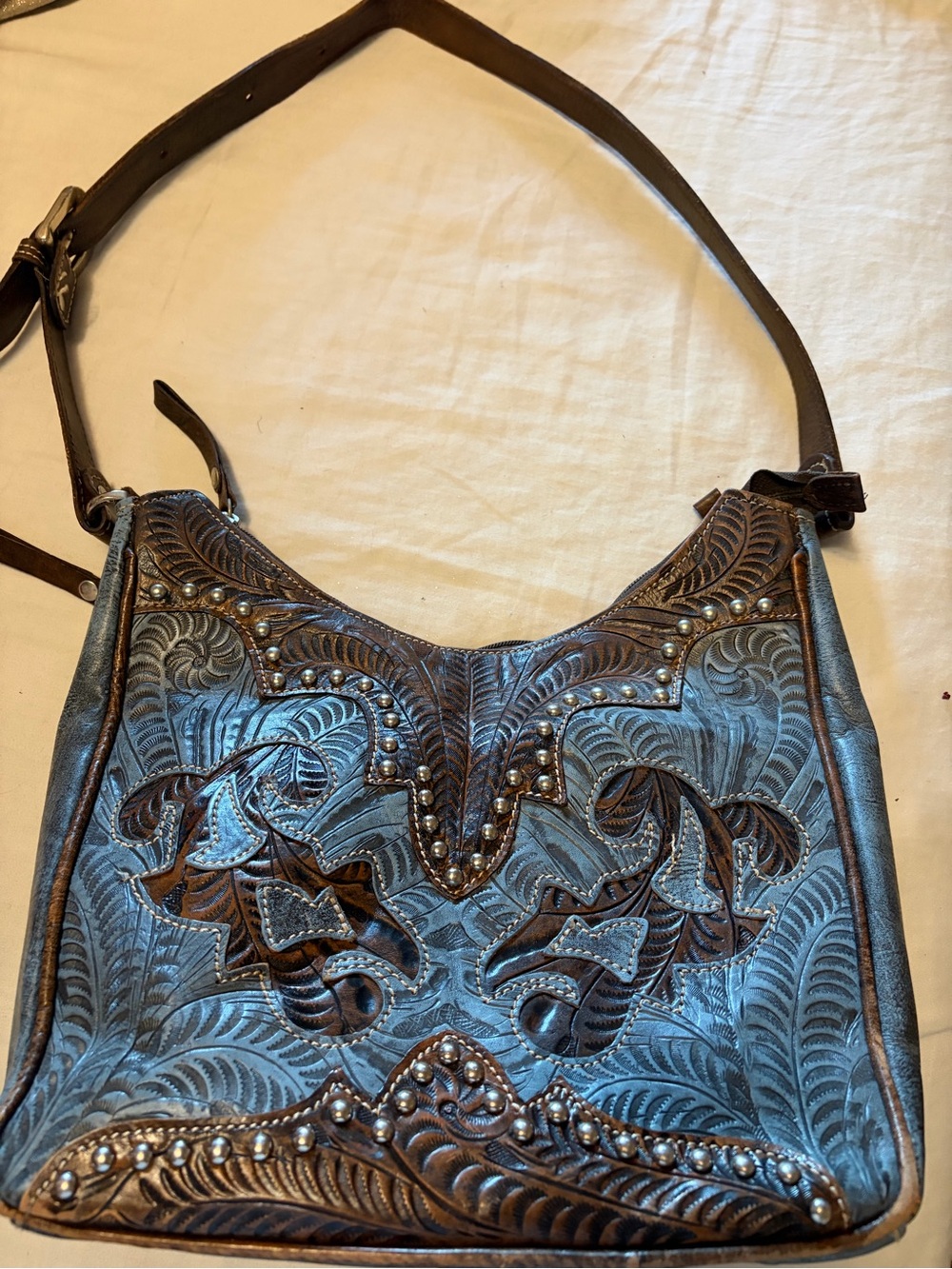 Tooled Leather Shoulder Bag — Brown and Blue